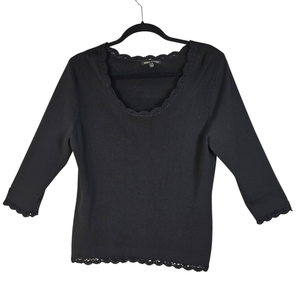 Debbie Morgan Black Knit Top 3/4‎ Sleeve Crochet Lace Trim Scoop Neck Large